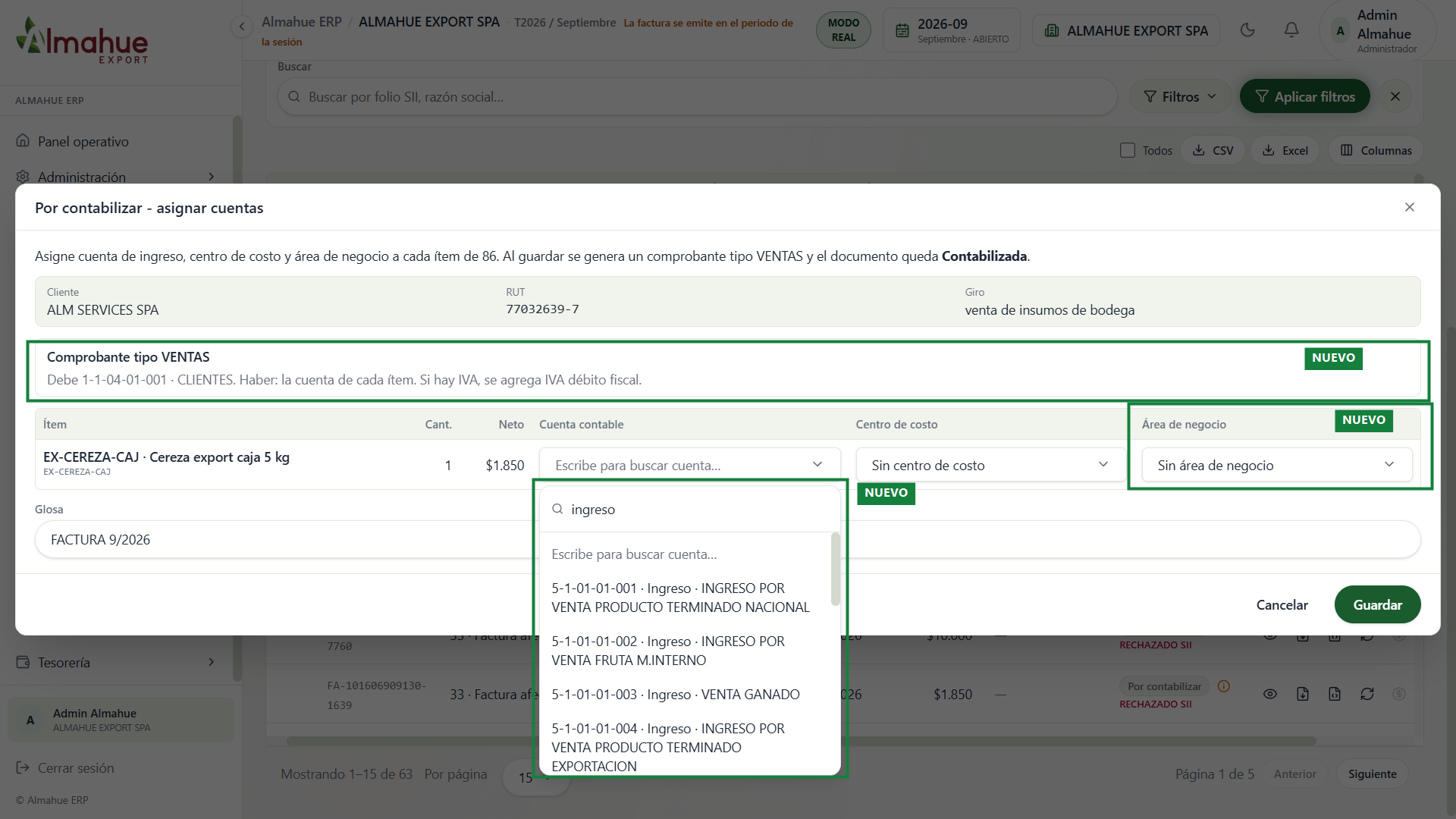Modal nuevo con el desplegable de la cuenta abierto: el nombre queda apilado a la derecha del ítem