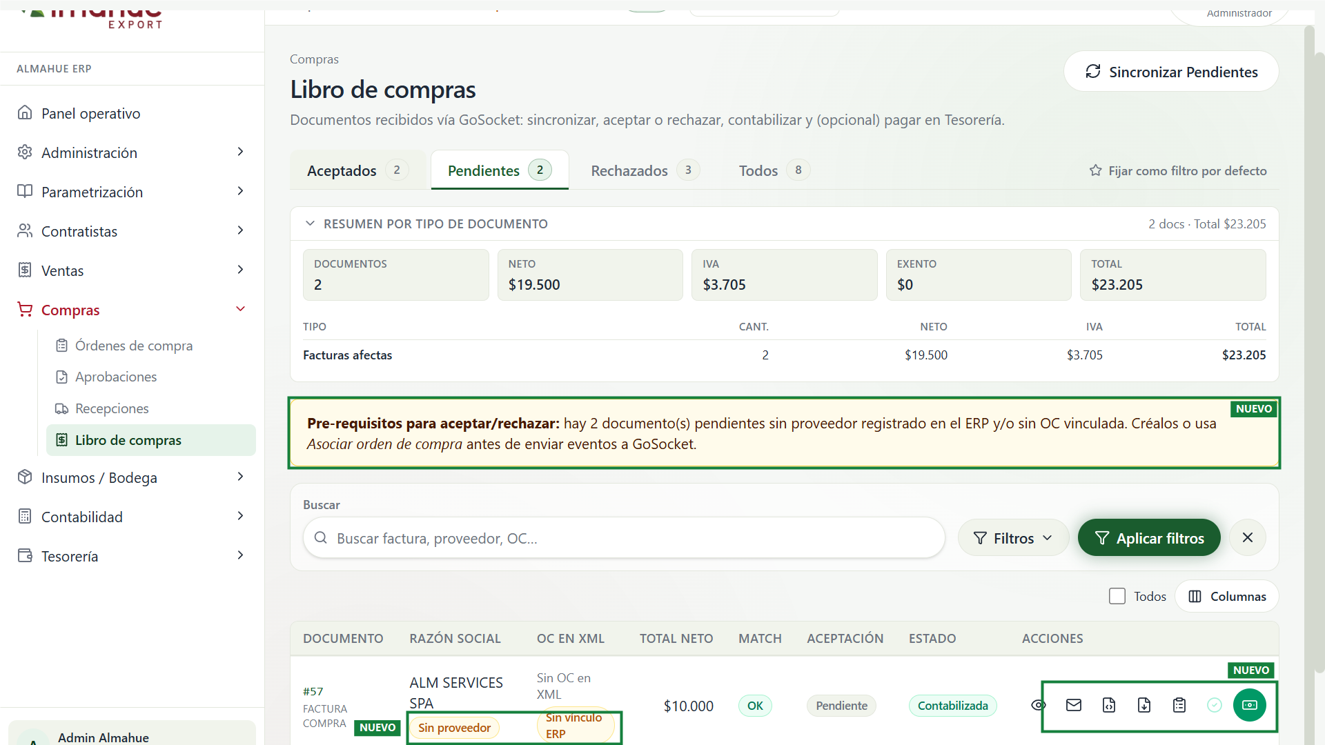 Pendientes con aviso, sin proveedor, sin vínculo y acciones nuevas, marcados en verde