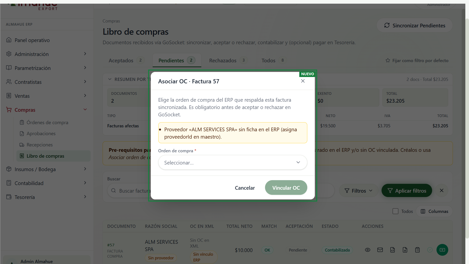 Modal Asociar OC de la factura 57, marcado en verde, sin guardar
