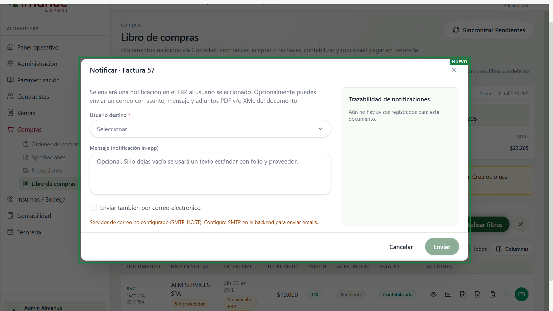 Modal Notificar factura 57, marcado en verde, con trazabilidad vacía y correo sin SMTP