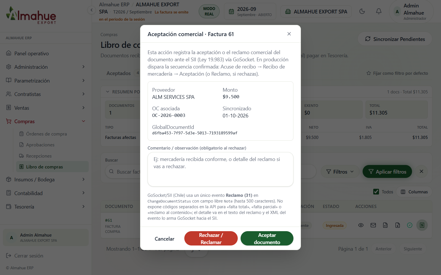 Modal de aceptación con Aceptar documento y Rechazar / Reclamar