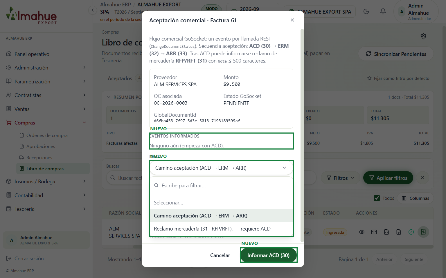 Modal de aceptación por pasos, con el combo Modo abierto