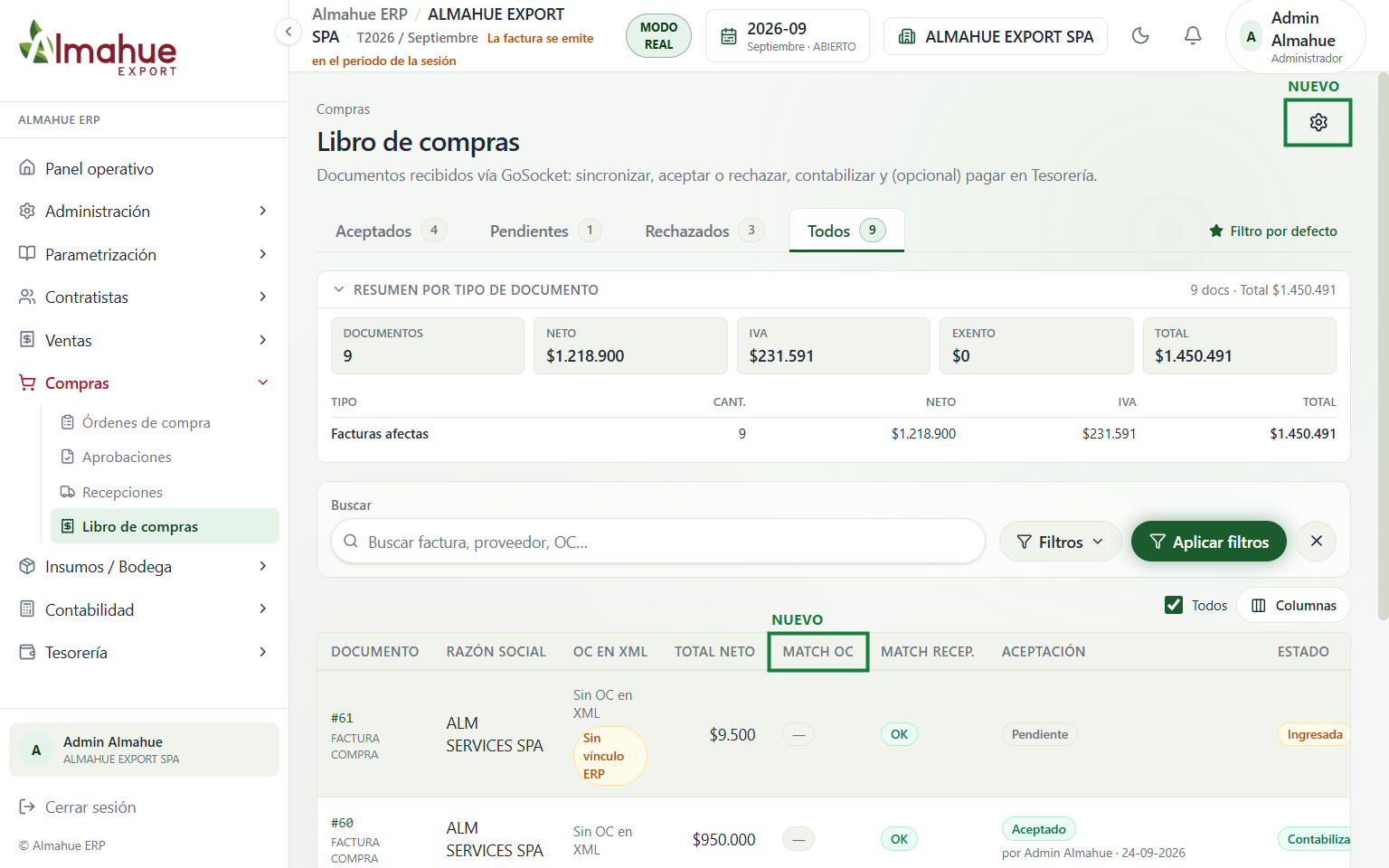 Libro de compras con el engranaje de sync y la columna Match OC