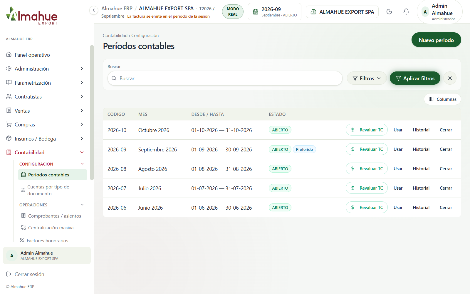Períodos contables, antes de abrir el modal