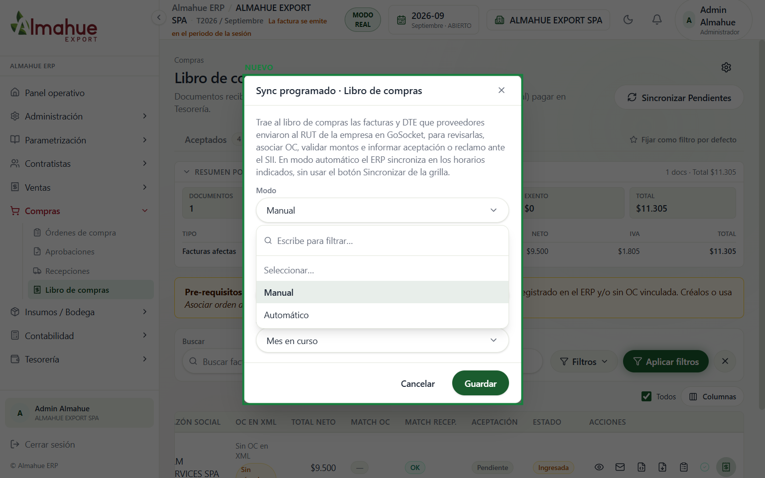 Modal de sync programado con el combo Modo abierto, sin guardar