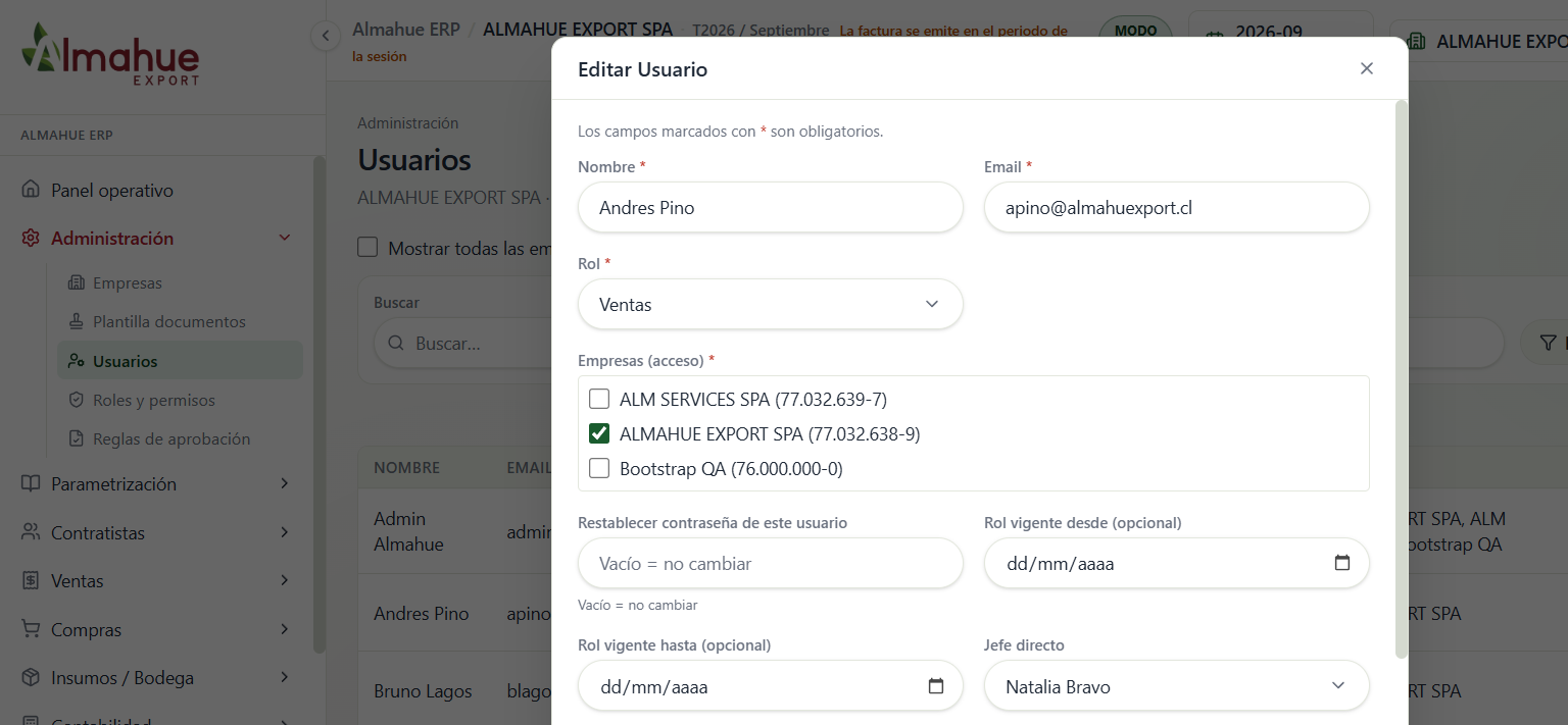 Usuario Andres Pino con rol Ventas, sin aviso de la cadena