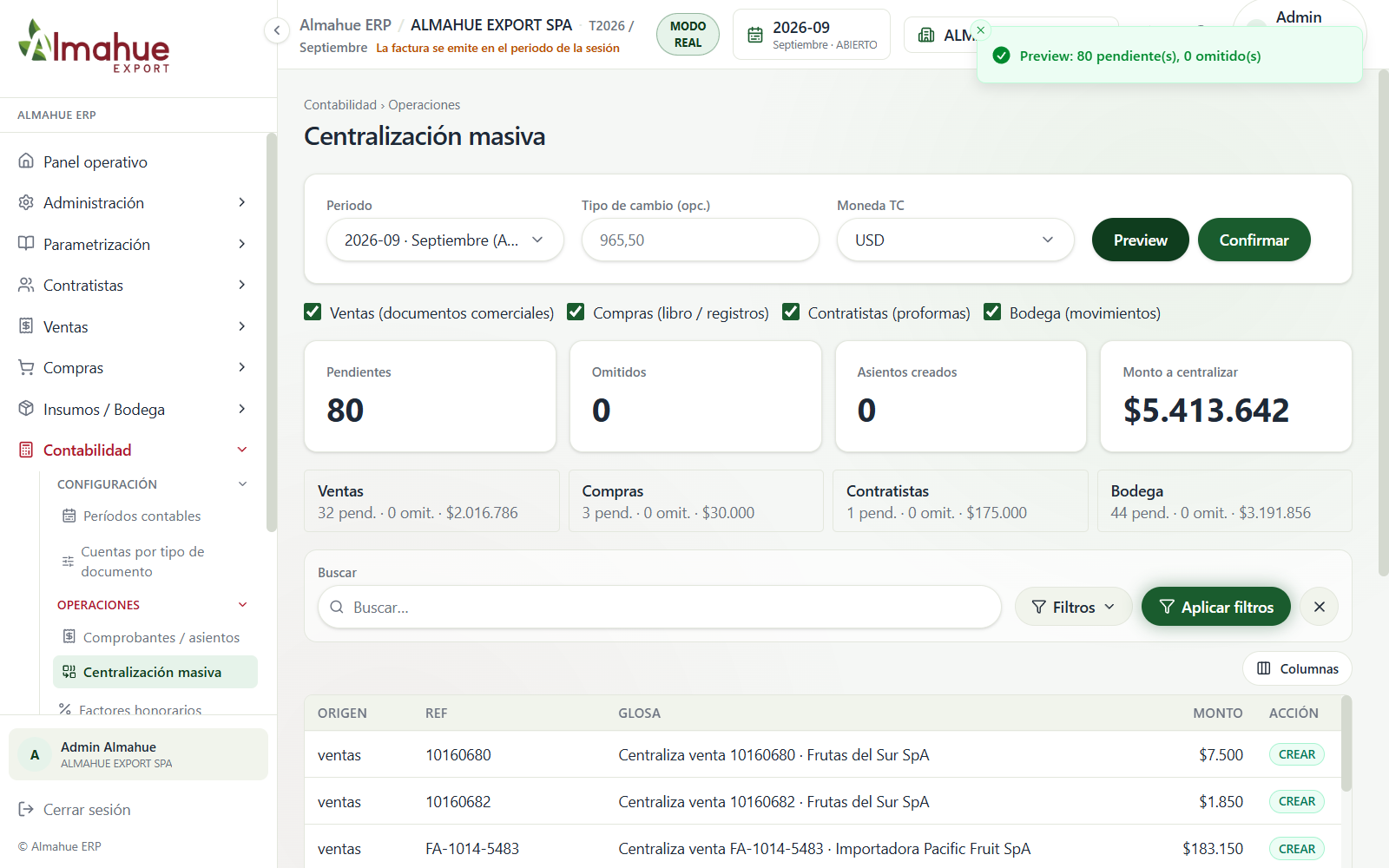 Preview de centralización con ventas en neto y bodega con monto