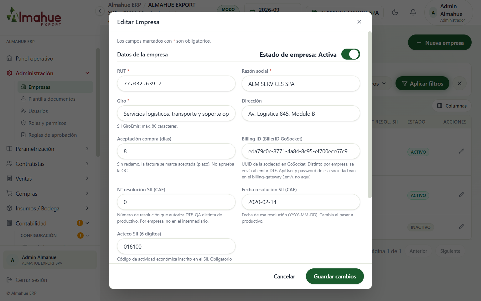 Ficha de ALM SERVICES sin casillas de comportamiento