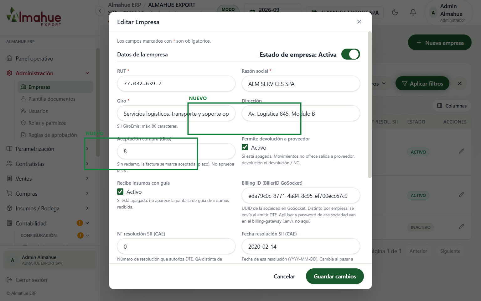 Ficha de ALM SERVICES con las dos casillas marcadas