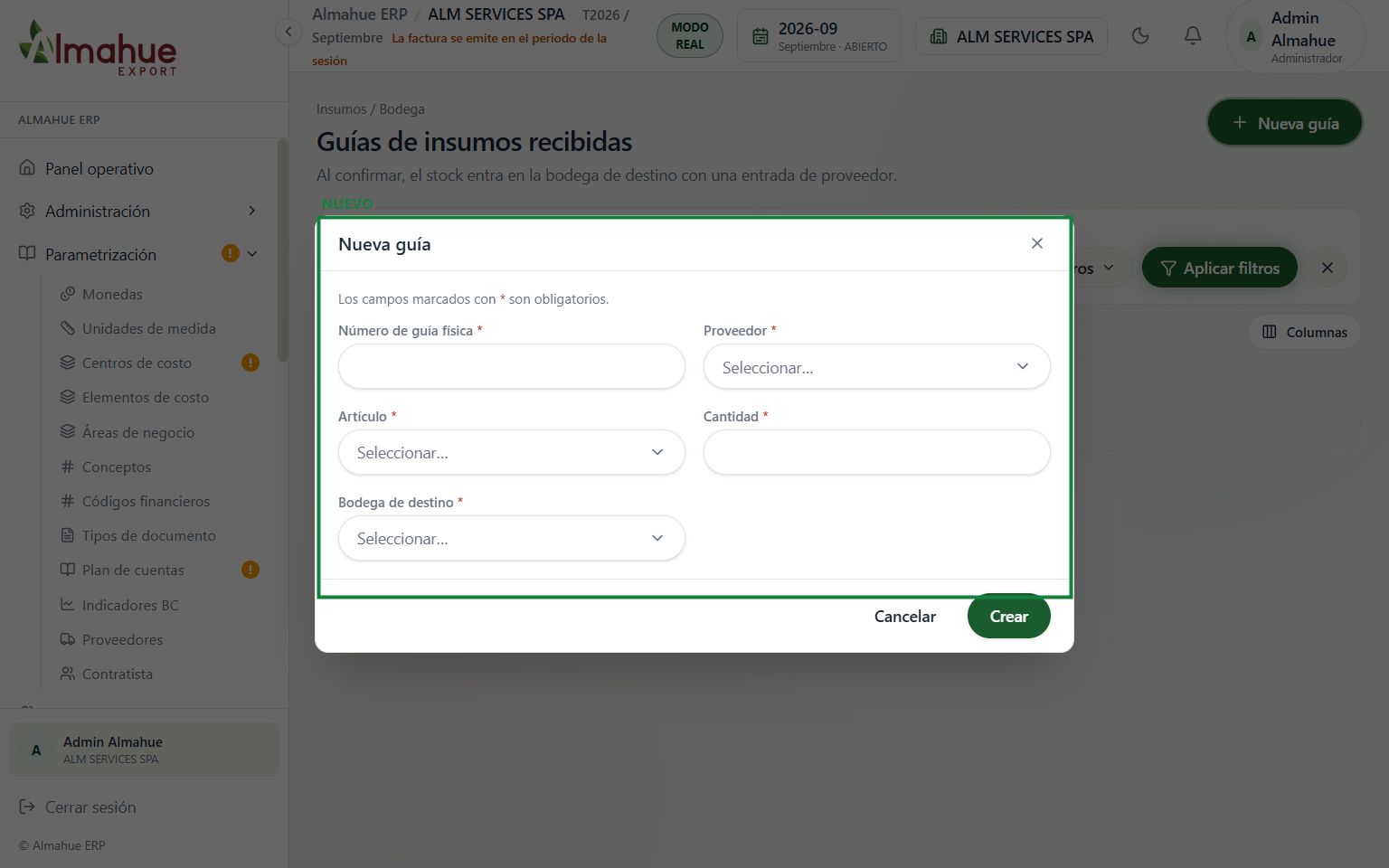 Alta de guía de insumos recibida en ALM SERVICES