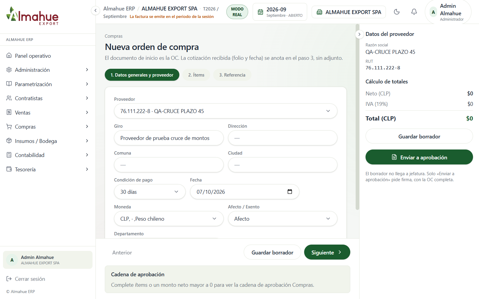 Orden de compra con condición de pago en 30 días