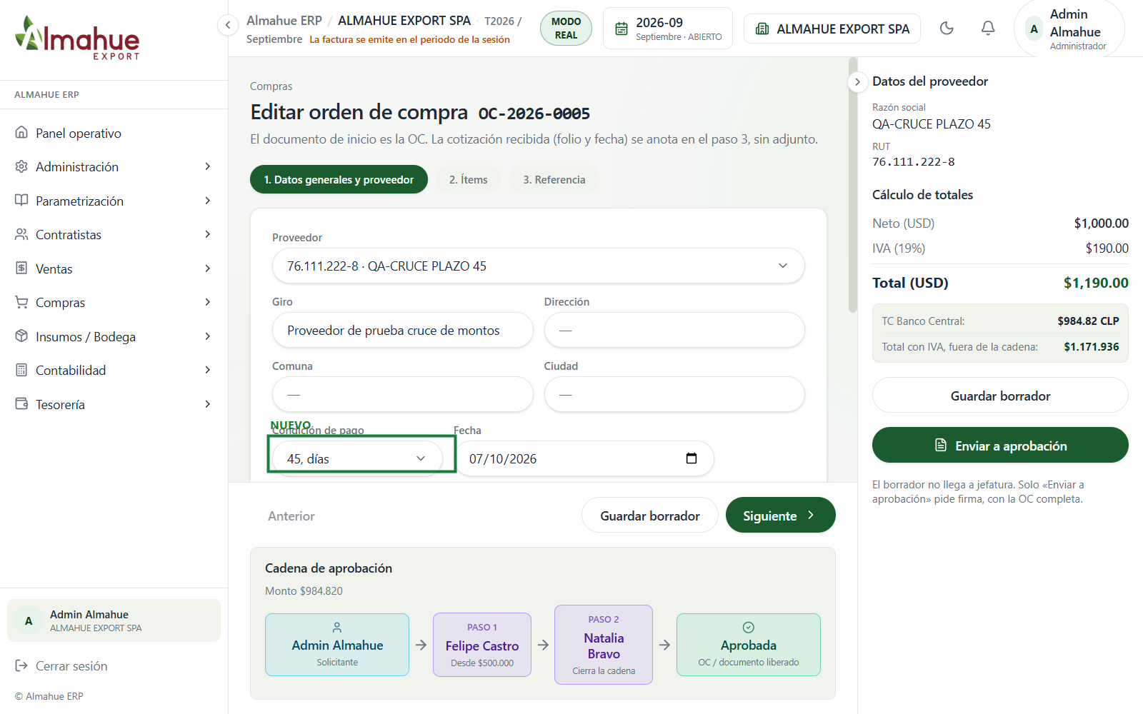 Orden de compra con condición de pago en 45 días