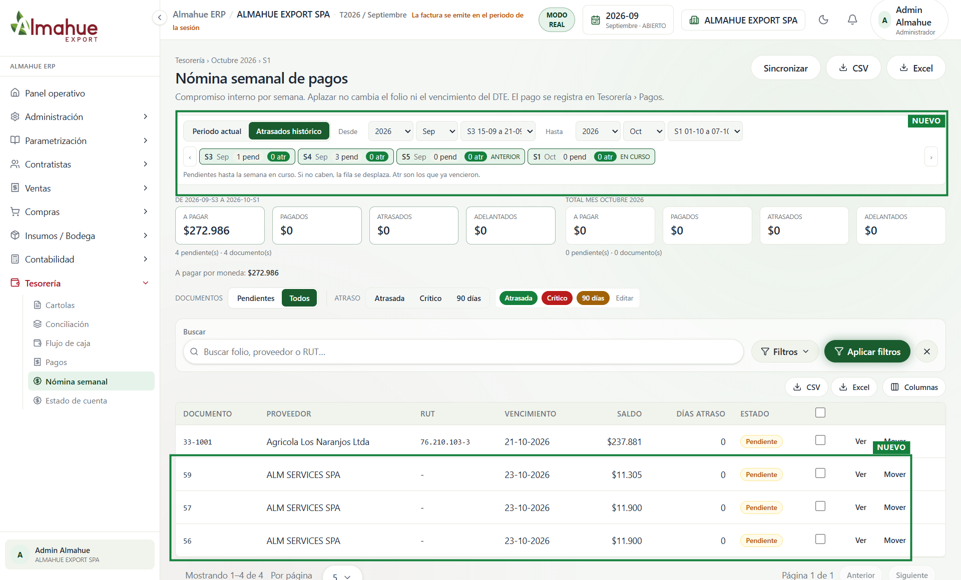 Atrasados histórico con cuatro documentos, los tres de ALM SERVICES marcados en verde