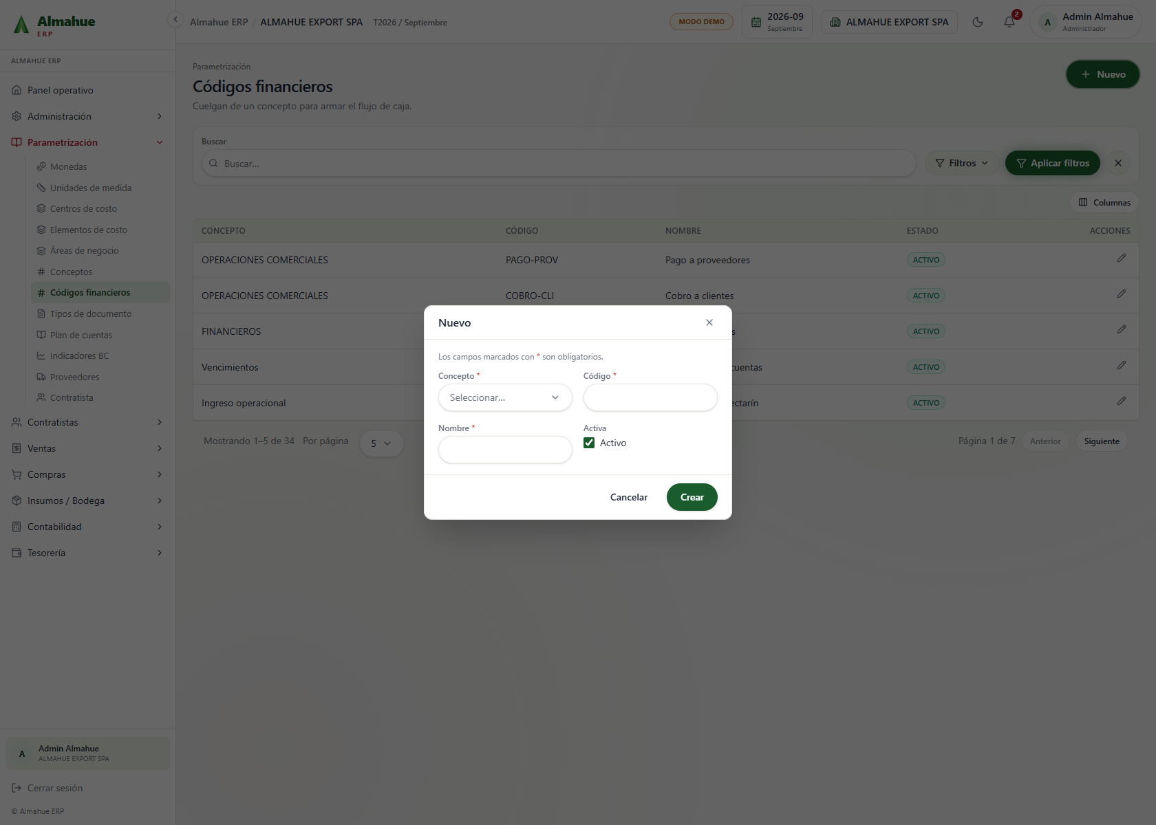Alta de código financiero antes del cambio