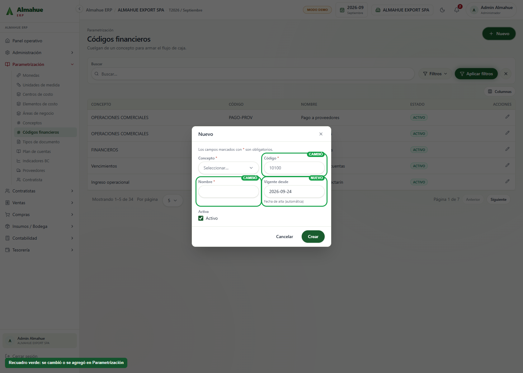 Alta de código financiero con código numérico y vigente desde